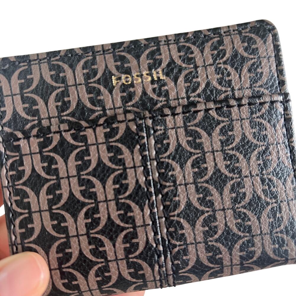 Fossil Bifold Wallet Womens Black Grey Signature Print Coated Canvas